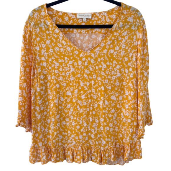 Cynthia Rowley Yellow Floral Viscose Blouse Ruffle Hem V-Neck 3/4 Sleeve Size L - Picture 1 of 6